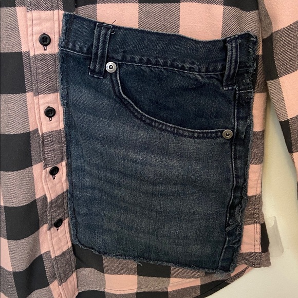 American Eagle Upcycled Flannel Led Zeppelin Patch Shirt Denim Pocket Large - Picture 7 of 13